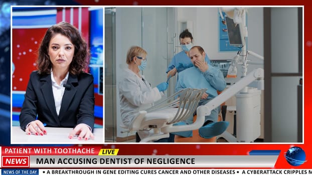 Worrying details about dentist incompetence on live tv program, newscaster doing reportage about stomatology patient with toothache problems. Man with caries suing dentistry cabinet.