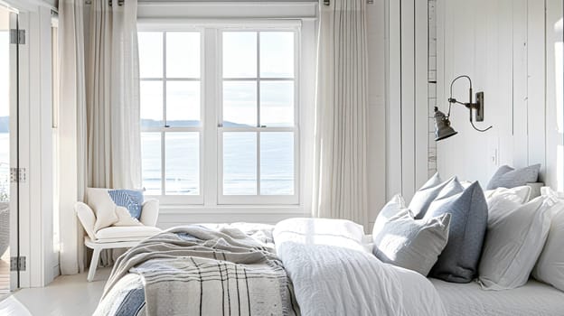 Beautiful interior of luxury bedroom with window sea view. Coastal cottage concept. High quality photo