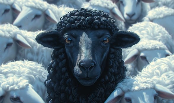 A black sheep among white sheep in a herd. Selective focus.