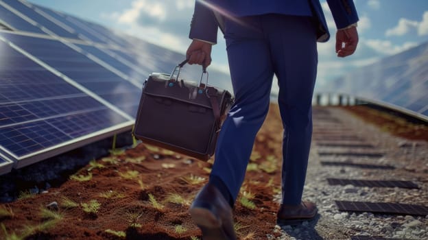 The close up picture of the businessman is walking to work at the workplace near the solar panel, the businessman also require skill like communication, leadership, management and marketing. AIG43.