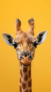 A Giraffidae organism with a long neck and spotted hair is standing in front of a yellow background. Its large eyes and long eyelashes gaze at the camera
