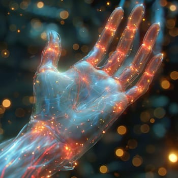 A human hand glowing from within on a dark background. Selective soft focus.