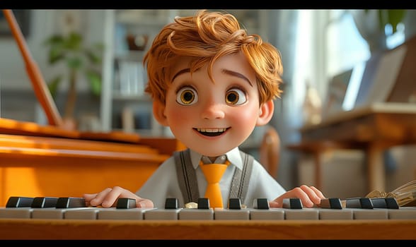 Cartoon, boy energetically playing the piano. Selective focus.