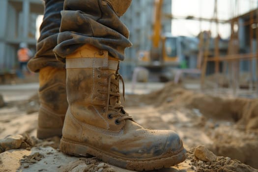 The close up picture of the worker walking inside construction site while wearing the safety shoes, the construction worker require skill like technical knowledge, safety awareness, strength. AIG43.