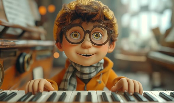 Cartoon, boy energetically playing the piano. Selective focus.