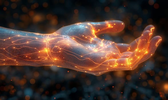 A human hand glowing from within on a dark background. Selective soft focus.