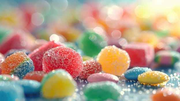 The close up view of picture of a lot of the colourful candy, sweet, sugar, and jelly that has been put around the table or floor and gathered together and has been filled with various sweet. AIGX01.