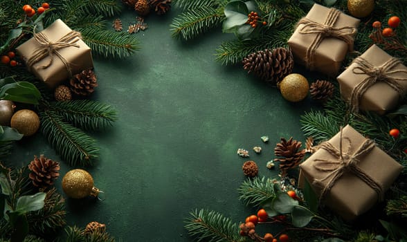 Festive decor and gifts on a green background. Selective focus.