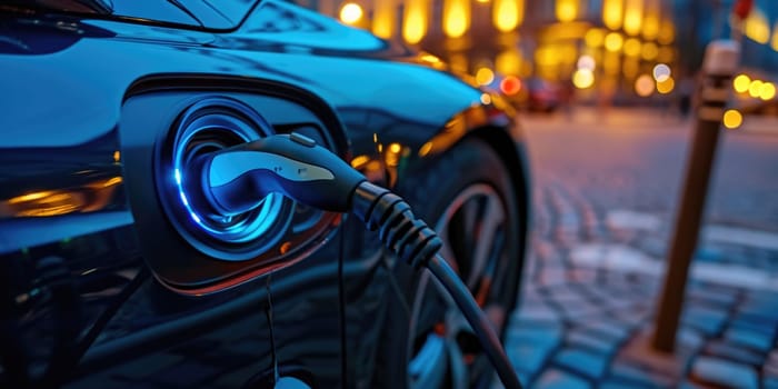 A picture about the electric vehicle that has been charging at the charging station and has been connected with the charger that has been connecting to the electric vehicle to become new tech. AIGX01.