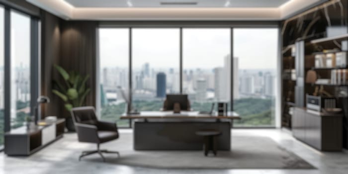 A softly blurred image of a high-rise office with a panoramic city view during dusk, showcasing the glow of a setting sun against skyscrapers. Resplendent.