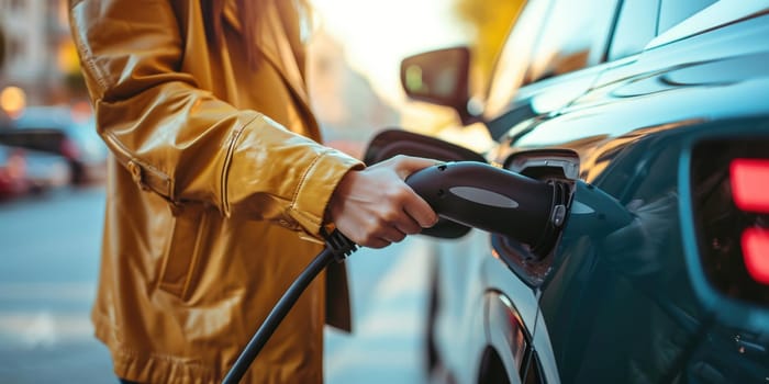 A picture about the electric vehicle that has been charging at the charging station and has been connected with the charger that has been connecting to the electric vehicle to become new tech. AIGX01.