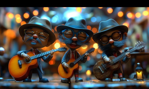 Three cartoon musicians play guitars together. Selective focus.