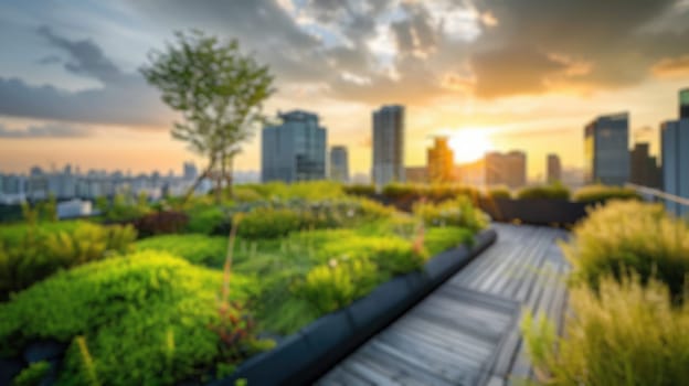 This blurred image captures the essence of a sunset over a city skyline, viewed from a lush rooftop garden with a serene ambiance. Resplendent.