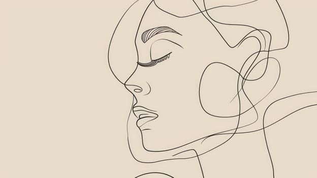 A portrait of young beautiful woman with background. Fashionable lady face with elegance lips with retro colors. Drawing minimalist line art concept. Represented with feminism, beauty, power. AIG42.