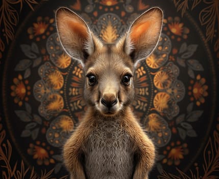 A small kangaroo standing before a vibrant, multicolored backdrop. Selective focus.