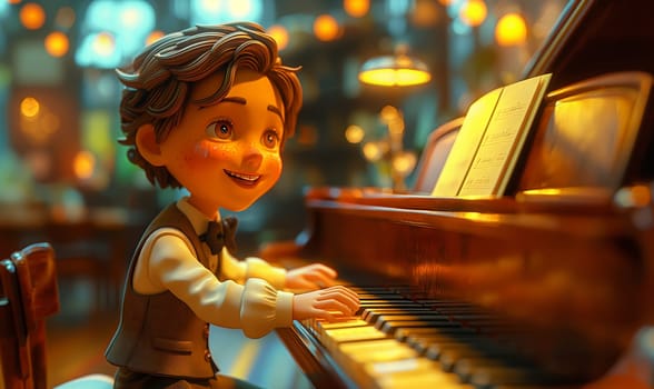 Cartoon, boy energetically playing the piano. Selective focus.