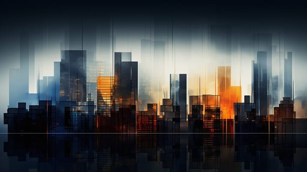 A vivid twilight cityscape reflected on a smooth surface, creating an abstract blend of skyscrapers in shades of blue and orange - Generative AI