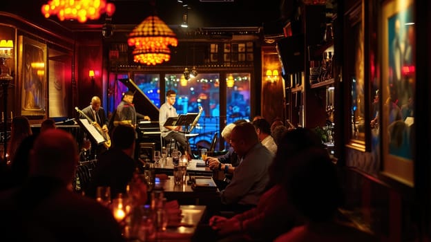 An evening at a jazz club, musicians in mid-performance, intimate lighting, audience engagement, capturing the essence of live music. Resplendent.