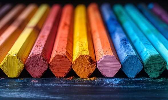 Rainbow crayons close up. Selective focus.