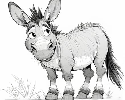 Black and white illustration for coloring animals, donkey. Selective soft focus.