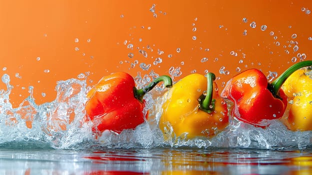 Vibrant red and yellow bell peppers creating a dynamic splash as they hit the water surface, contrasted by a vivid orange backdrop - Generative AI