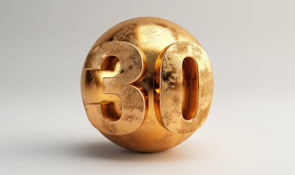 Golden ball with a number 30 on a white background. Selective focus.