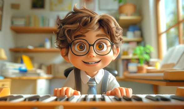 Cartoon, boy energetically playing the piano. Selective focus.