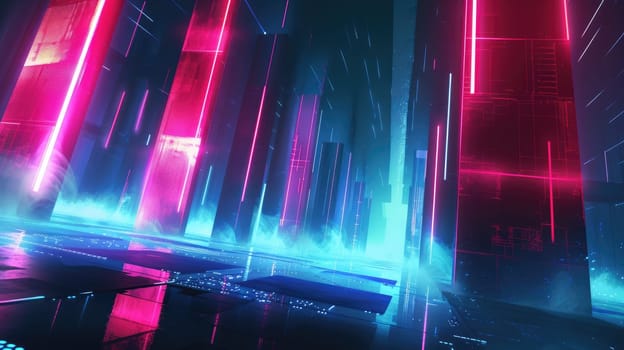 A digital illustration of a futuristic corridor bathed in vibrant neon lights, with a perspective that draws the eye towards infinity. Resplendent.