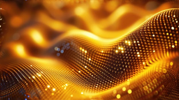 The yellow hologram abstract picture in form of the brightly glittering wave that seems like a liquid yet looks solid at the same time and also bright with the source of the light of itself. AIGX01.