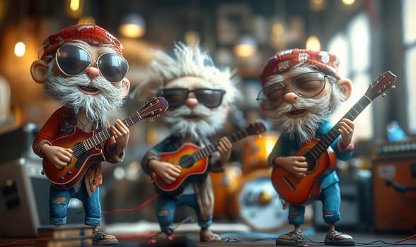 Three cartoon musicians play guitars together. Selective focus.