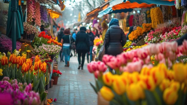 A bustling flower market scene featuring an array of colorful tulips and various spring flowers, with shoppers in the background. Resplendent.