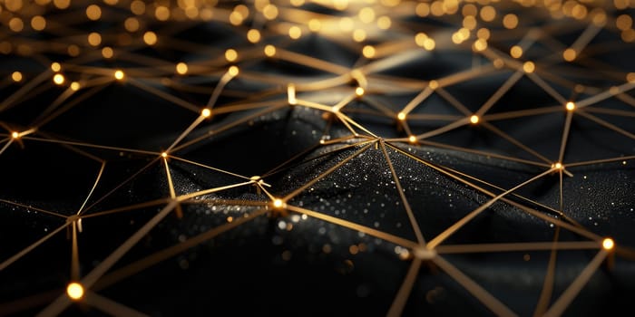 The golden bright sphere shape object that has been connected with the link of the bright line that portray the connection between each sphere to something similar like network or connection. AIGX03.