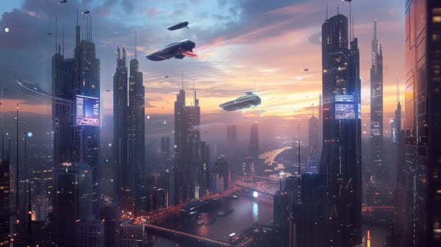 Futuristic city glows with soft hues, complemented by the sleek design of hovering vehicles above the vibrant skyline. Resplendent.