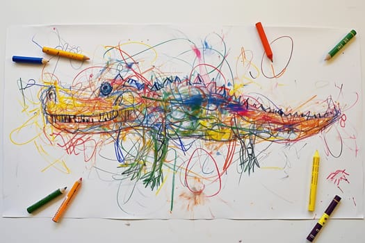 The hand drawing colourful picture of the single alligator or the crocodile that has been drawn by the colored pencil or the crayon on the white background that seem to be drawn by the child. AIGX01.