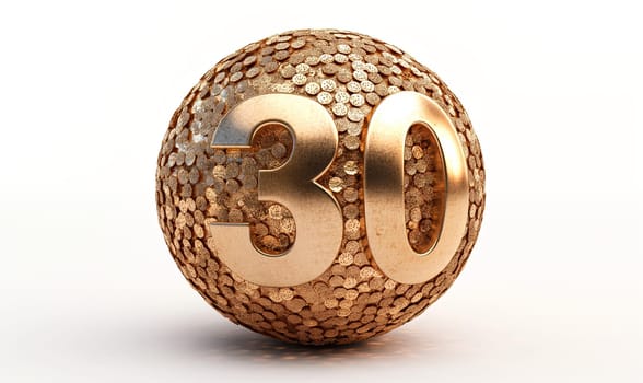 Golden ball with a number 30 on a white background. Selective focus.