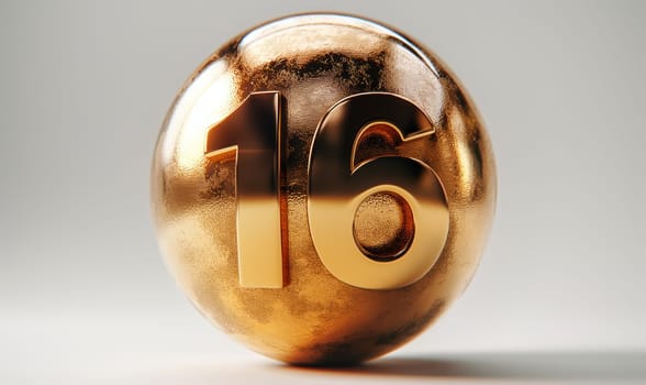 Golden ball with a number 16 on a white background. Selective focus.