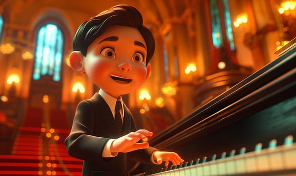Cartoon, boy energetically playing the piano. Selective focus.