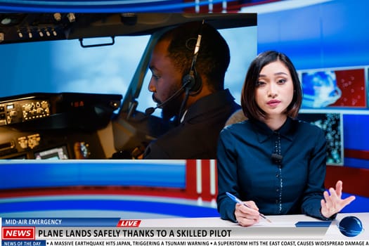 Media reporter talks about pilot hero saving passenger on commercial flight by landing airplane safely in newsroom. Asian journalist working on daily headlines broadcasting, advertisement.
