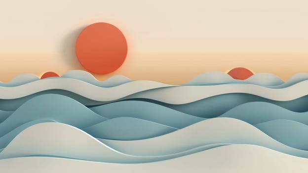 A vibrant painting of a mountain landscape with the sun in the background, featuring electric blue and magenta hues in a rectangular format AIG50