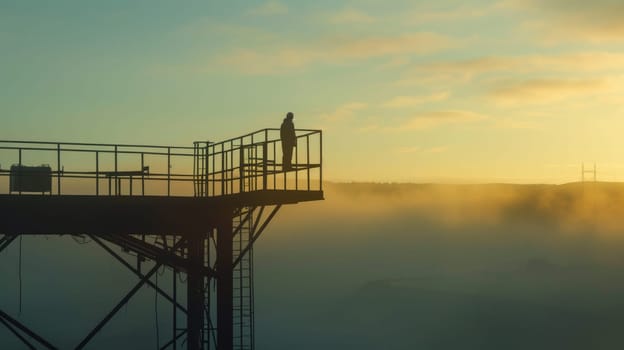 A construction worker stands on an elevated platform, overseeing a foggy industrial site, ensuring safety and project progress. AIG41