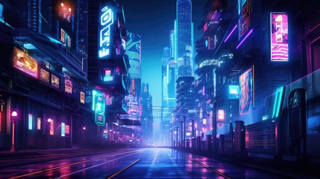 The picture of the neon night time futuristic cyberpunk scifi metropolis yet bright with neon light that fill everywhere of metropolis and fill with tall building and long roadway at night. AIGX01.