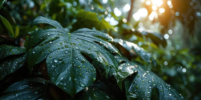 The picture of nature that focused to the green leaf from tree in the forrest that stay on ground and got illuminated with bright light of a sunlight in the summer or spring time of the year. AIGX03.