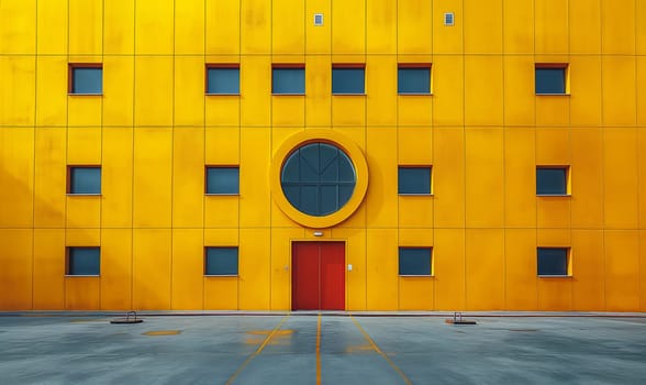 A prominent yellow building featuring a striking red entrance door.