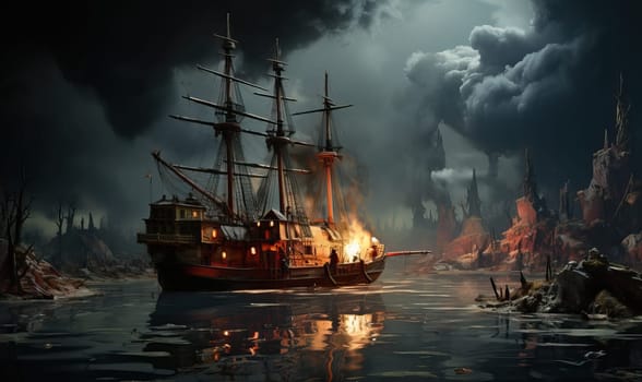 A painting of a ship gracefully sailing through the water.