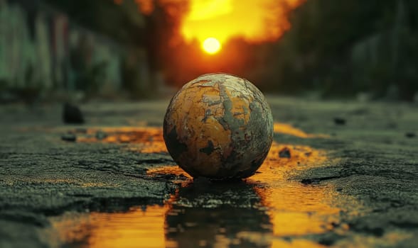 A rusted ball sitting atop a wet road surface, showcasing the effects of weathering.