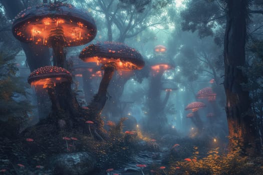 A breathtaking digital painting of a fantasy forest with towering mushrooms aglow with internal light, amidst an ethereal misty landscape. Resplendent.