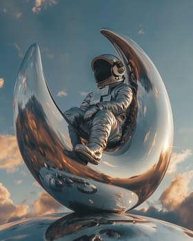 A liquid porcelain astronaut art piece sitting on a crescent moon, under a sky of floating clouds and surrounded by astronomical objects