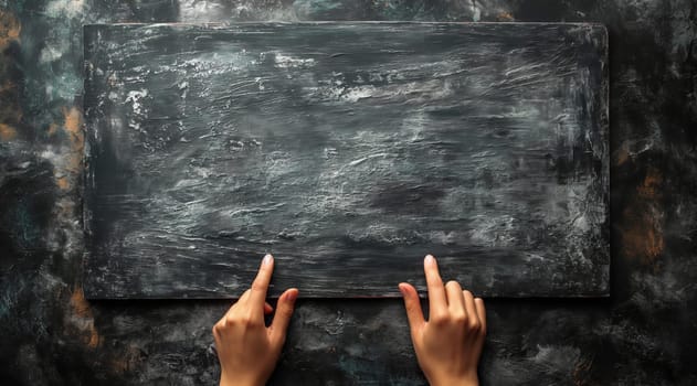 Two hands pointing at a painting displayed on a wall.