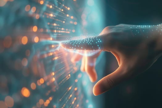 Close up of smart investor hand accessing in global internet connection to use data analysis or privacy security system. Businessman touching and pointing at AI database. Technology innovation. AIG42.