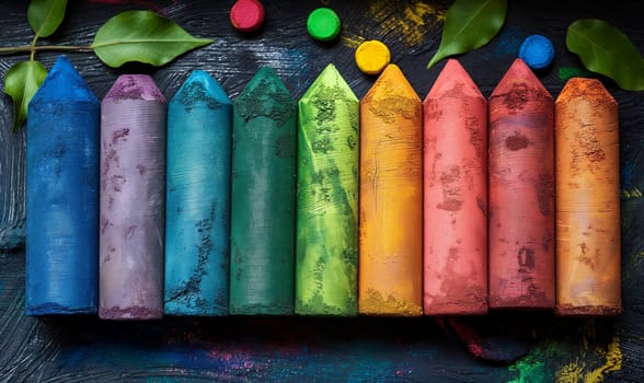 Rainbow crayons close up. Selective focus.
